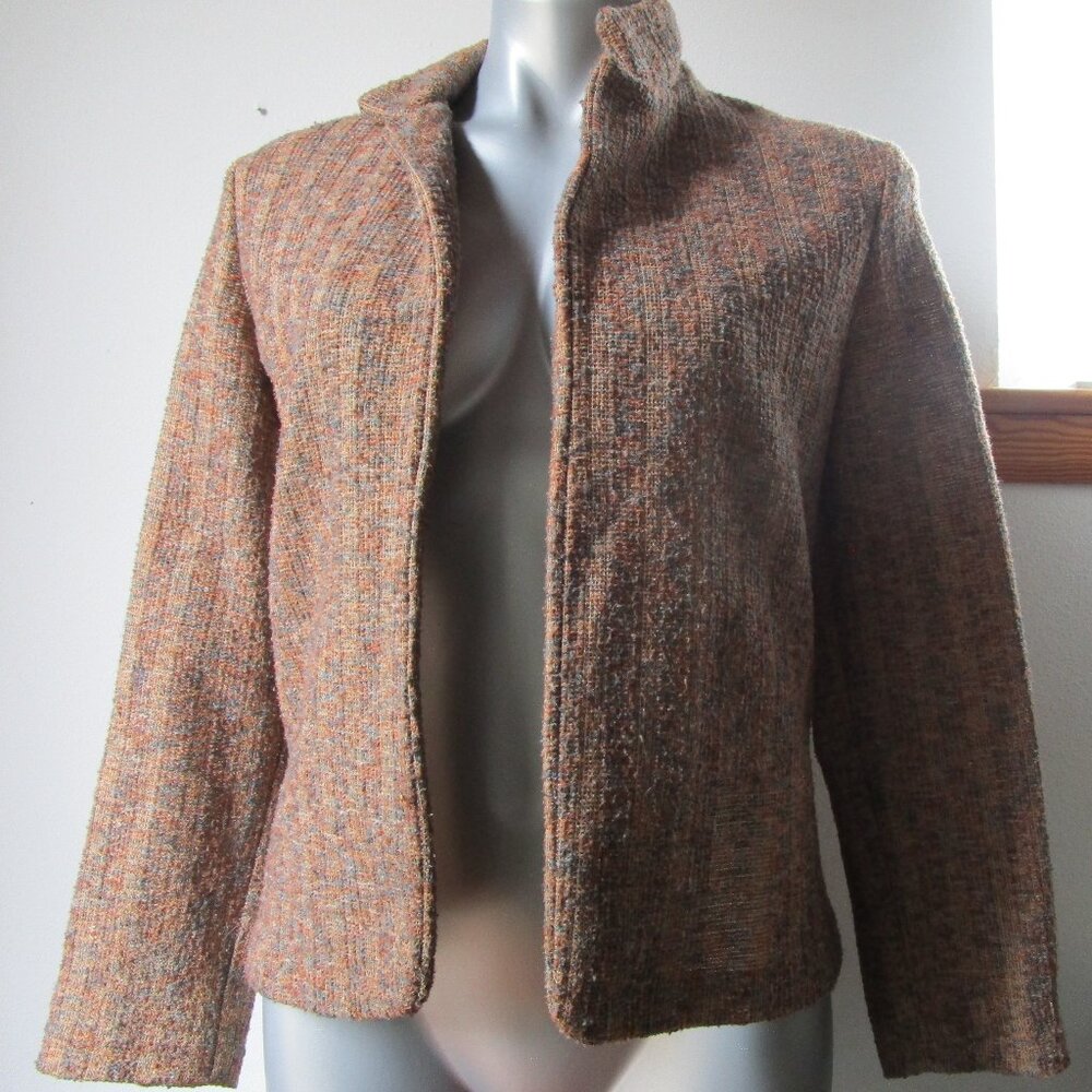 Lightweight open jacket cardigan, brown knit variegated fabric. Petite large.